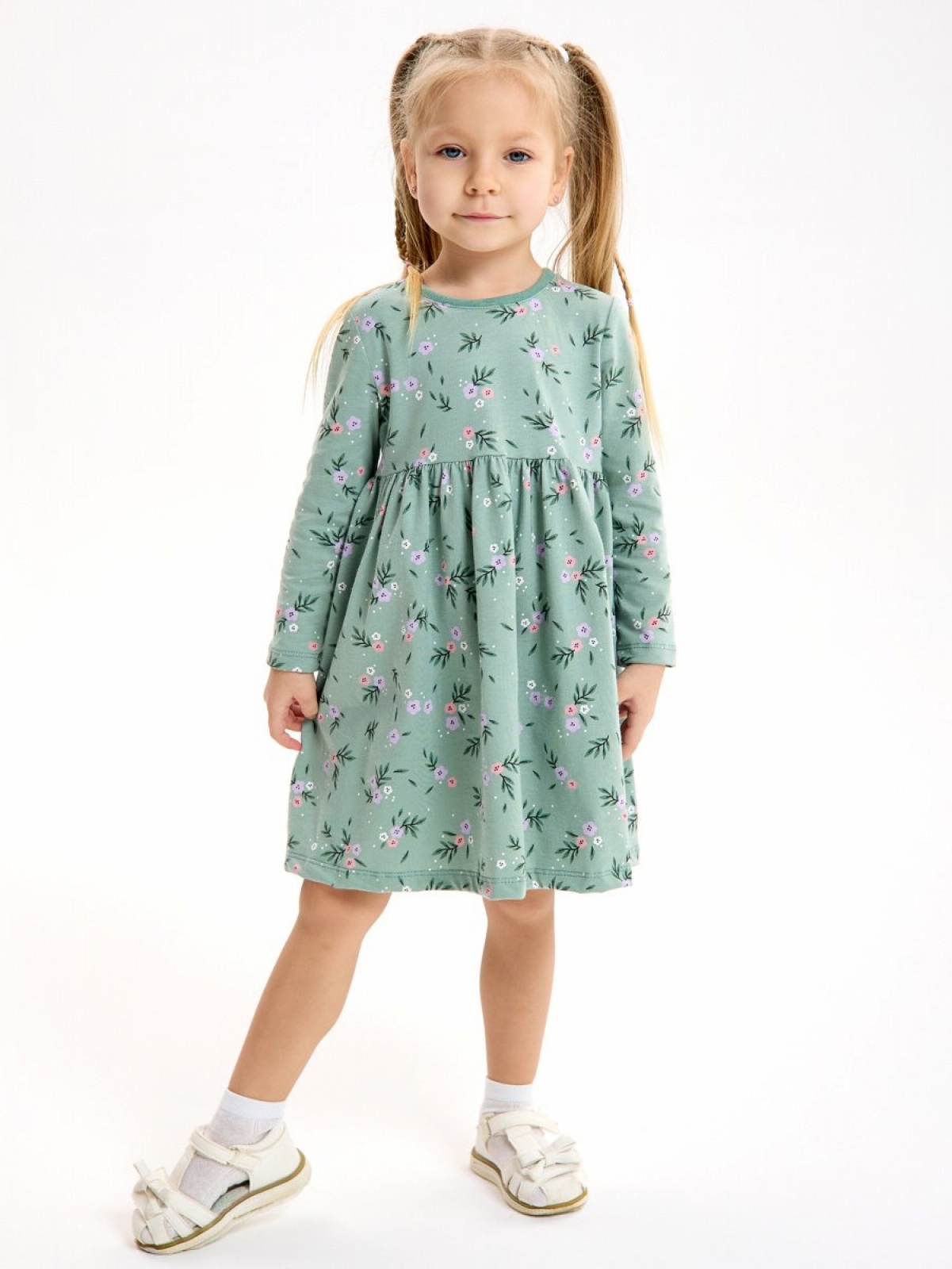 Платье хлопковое в садик с длинным рукавом 