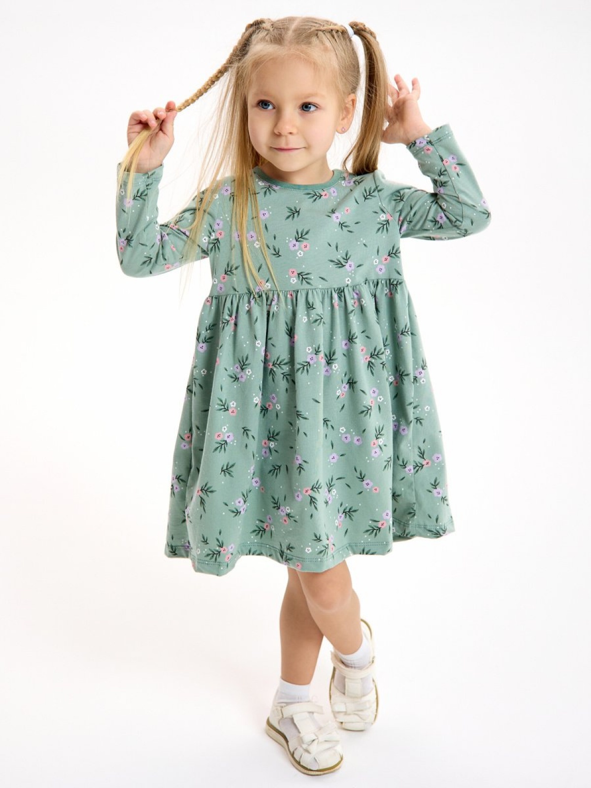 Платье хлопковое в садик с длинным рукавом 