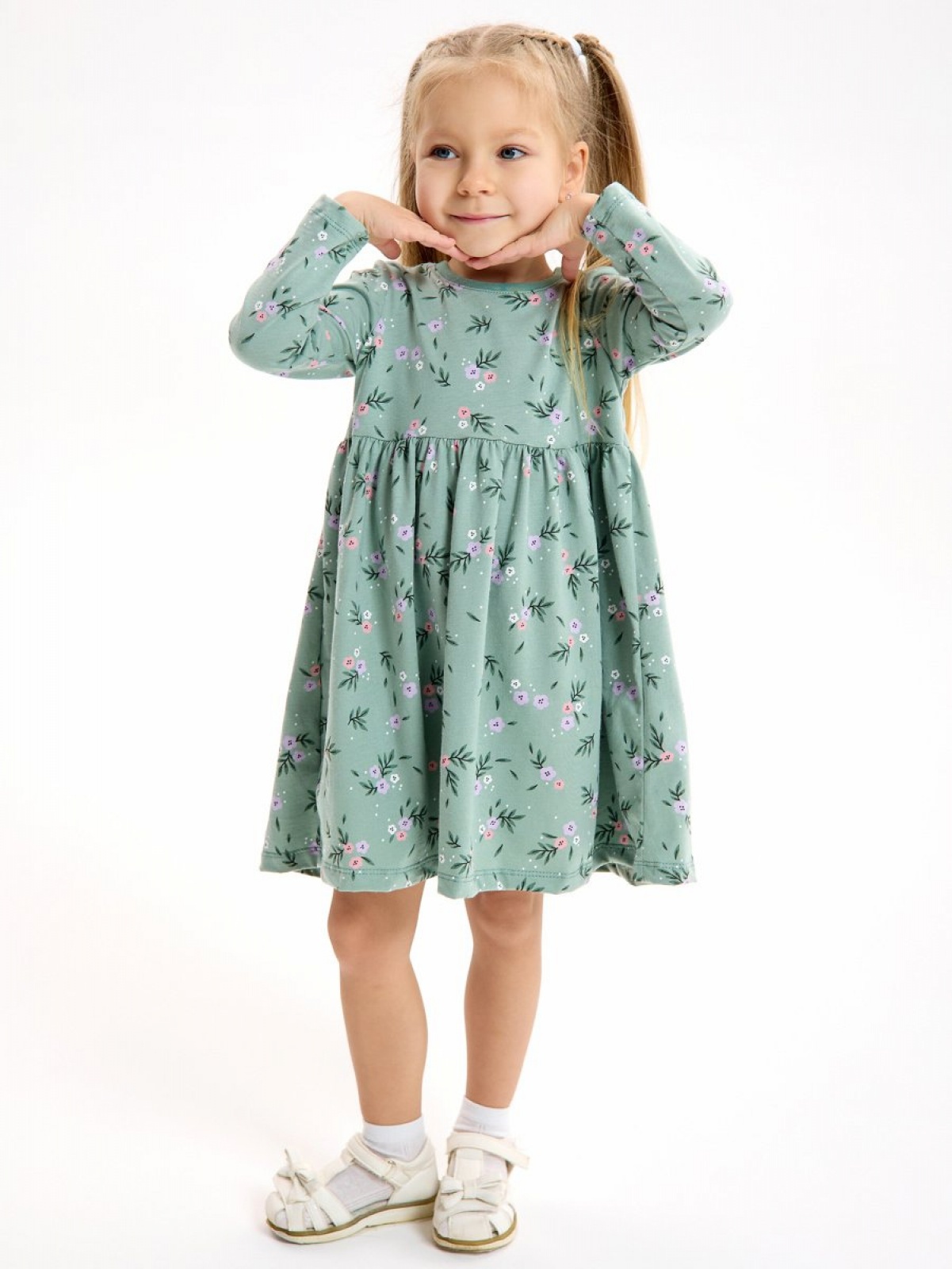 Платье хлопковое в садик с длинным рукавом 