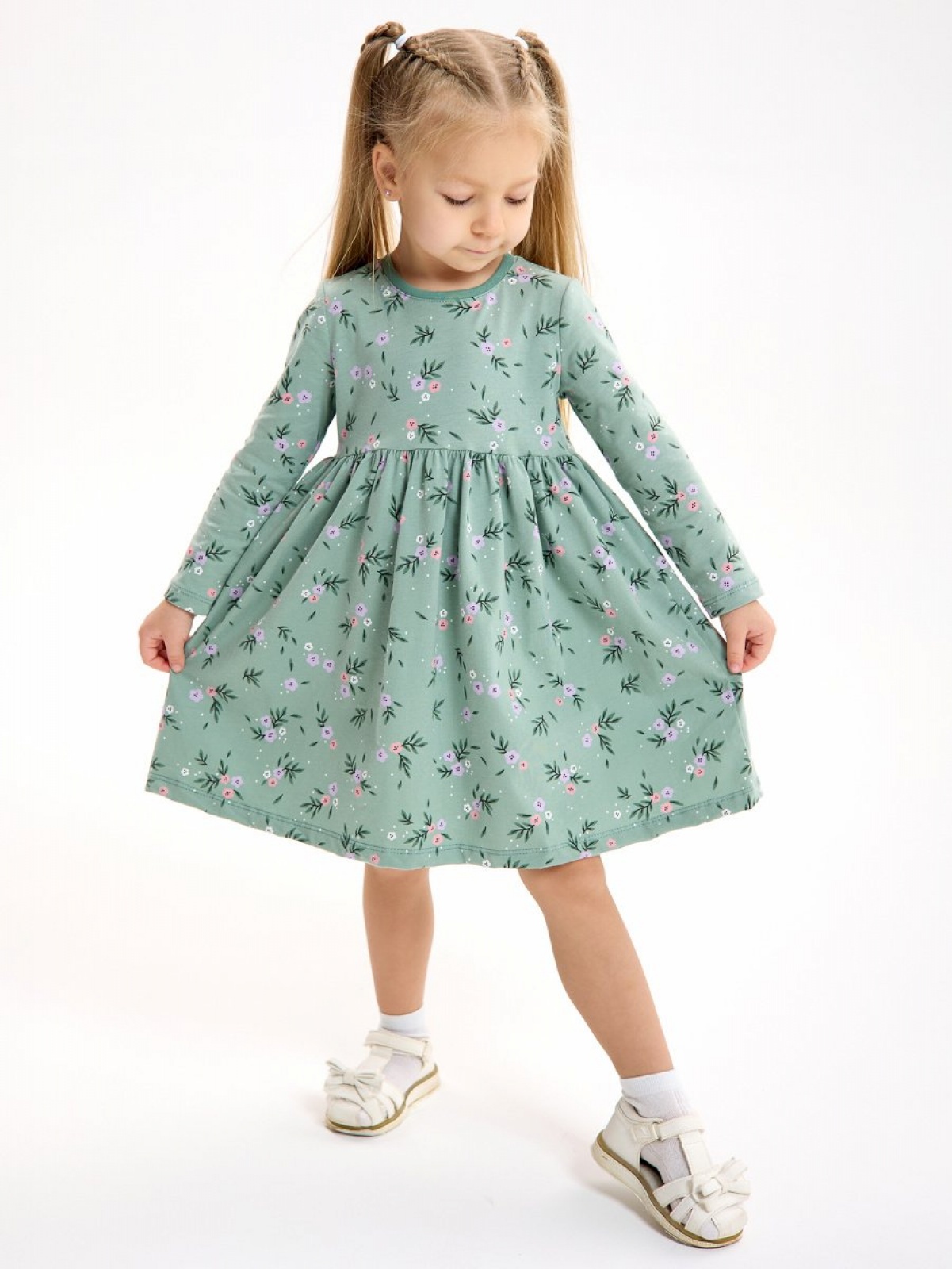 Платье хлопковое в садик с длинным рукавом 